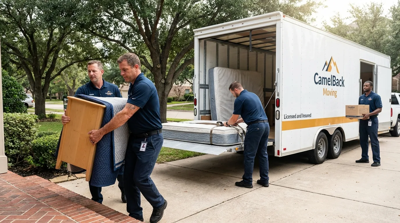 Crew loading residential truck for cross-state move from Macy, NE