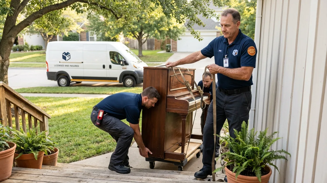Licensed piano movers securing grand piano in Macy, NE