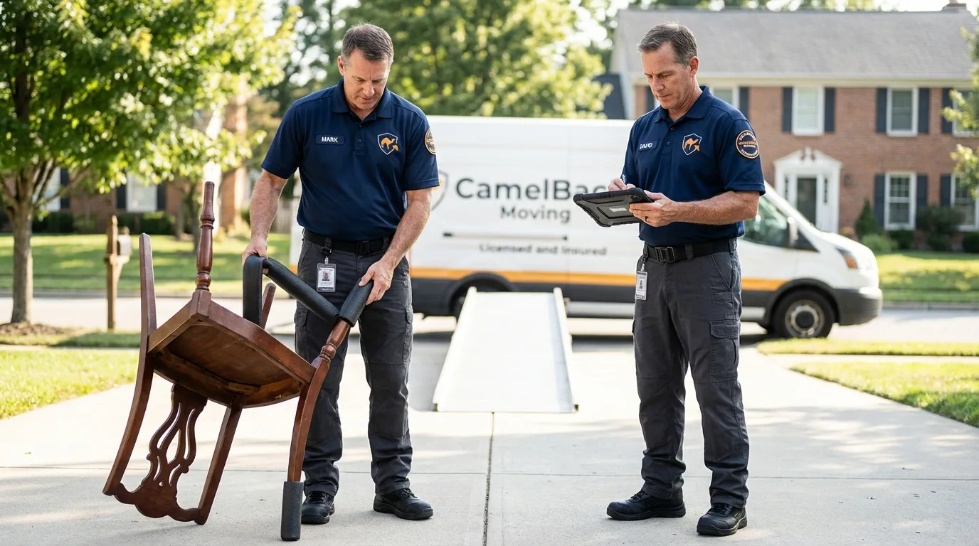 Movers inspecting furniture for damage prevention before loading in Macy, NE