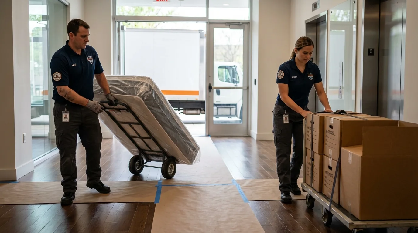 Professional apartment movers loading elevator in Macy, NE